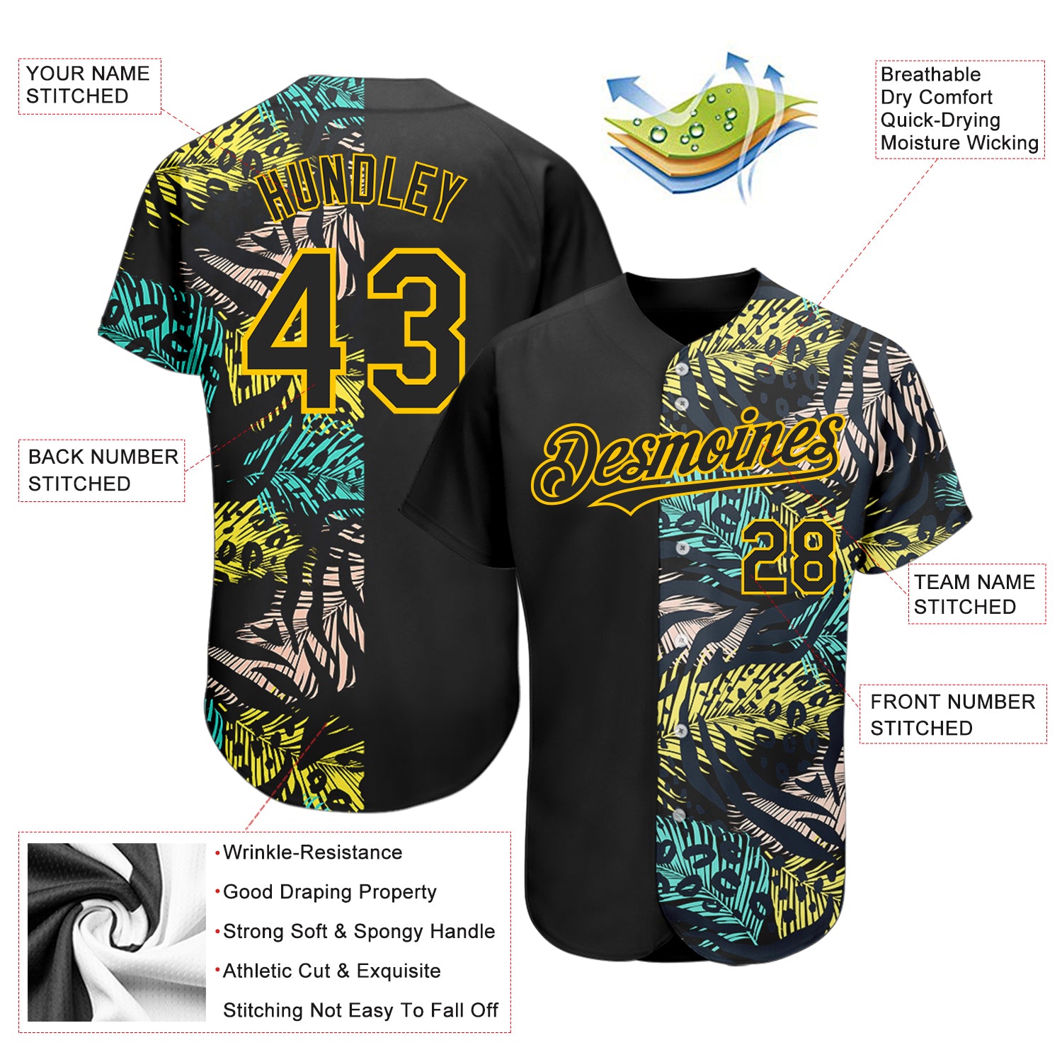 Custom Black Yellow 3D Pattern Design Hawaii Tropical Palm Leaves With Animal Print Authentic Baseball Jersey Custom Black Yellow 3D Pattern Design Hawaii Tropical Palm Leaves With Animal Print Authentic Baseball Jersey