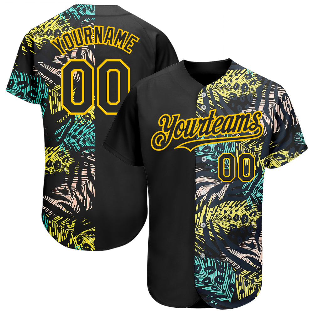 Custom Black Yellow 3D Pattern Design Hawaii Tropical Palm Leaves With Animal Print Authentic Baseball Jersey Custom Black Yellow 3D Pattern Design Hawaii Tropical Palm Leaves With Animal Print Authentic Baseball Jersey