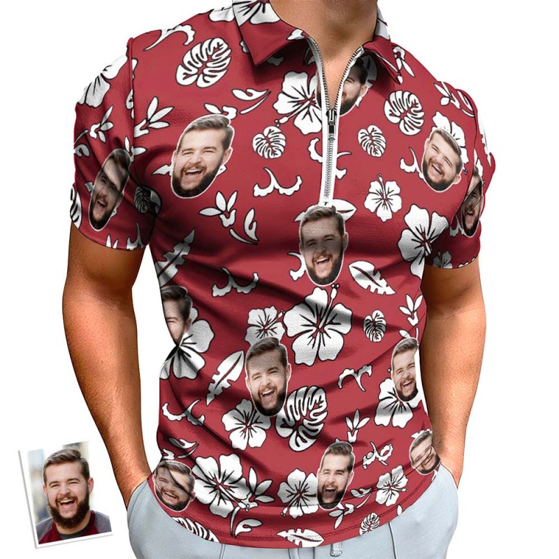 Custom Red Flowers Men’s Polo Shirt Personalized Face Funny Polo Shirt with Zipper Custom Red Flowers Men’s Polo Shirt Personalized Face Funny Polo Shirt with Zipper