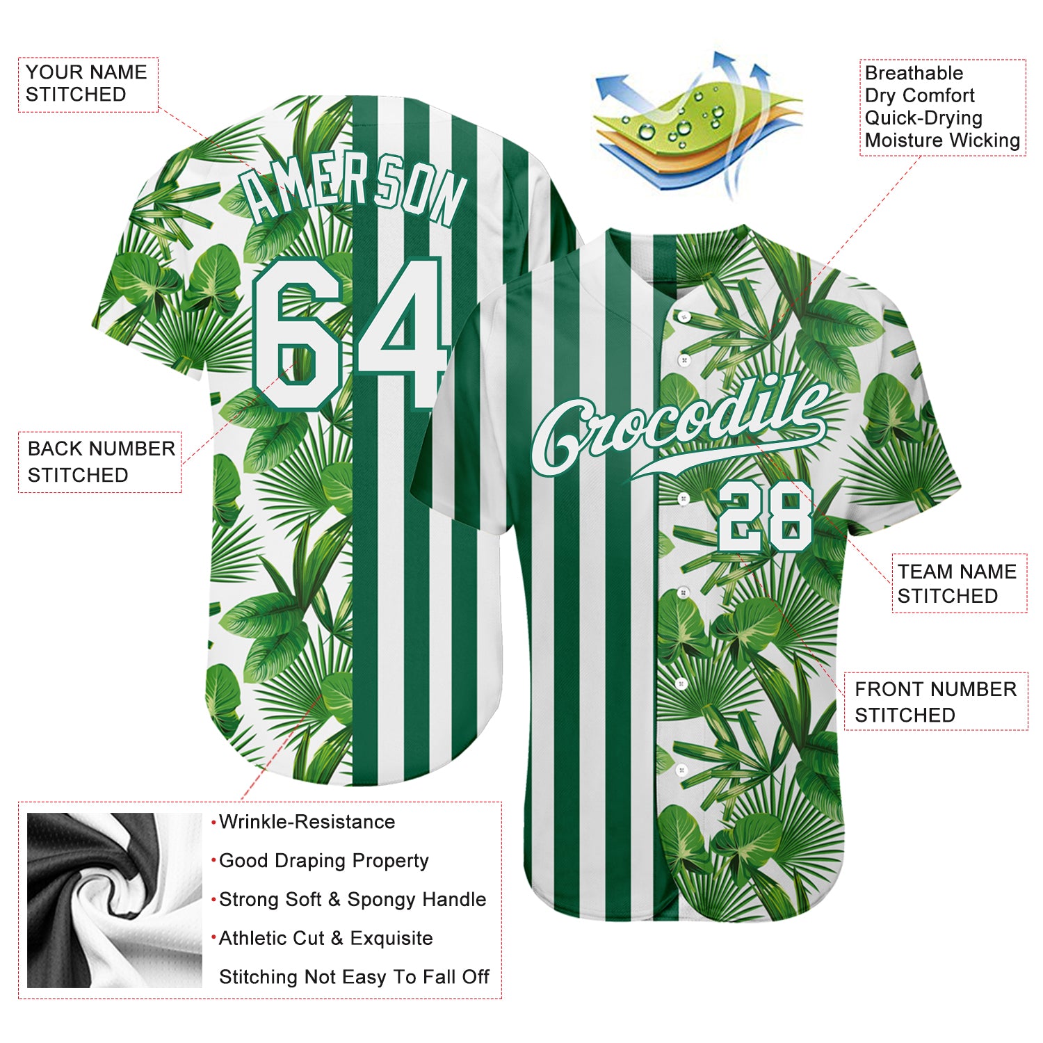 Custom Kelly Green White-Kelly Green 3D Pattern Design Tropical Palm Leaves Authentic Baseball Jersey Custom Kelly Green White-Kelly Green 3D Pattern Design Tropical Palm Leaves Authentic Baseball Jersey